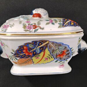 Tobacco Leaf Fine China by Mann Vintage Vase & Covered Dish Set  Colorful Floral